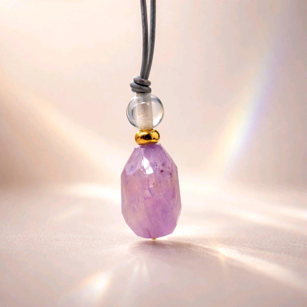 Geometric Amethyst Pendant Necklace, Natural Purple Crystal Clear Quartz Chunky Jewelry for Women, Adjustable Leather Cord #2556
