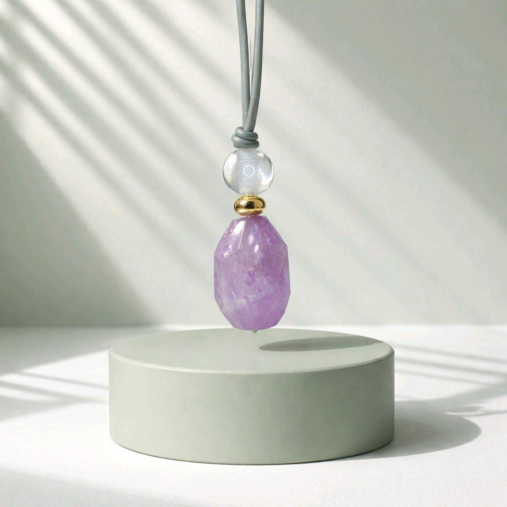 Geometric Amethyst Pendant Necklace, Natural Purple Crystal Clear Quartz Chunky Jewelry for Women, Adjustable Leather Cord #2556