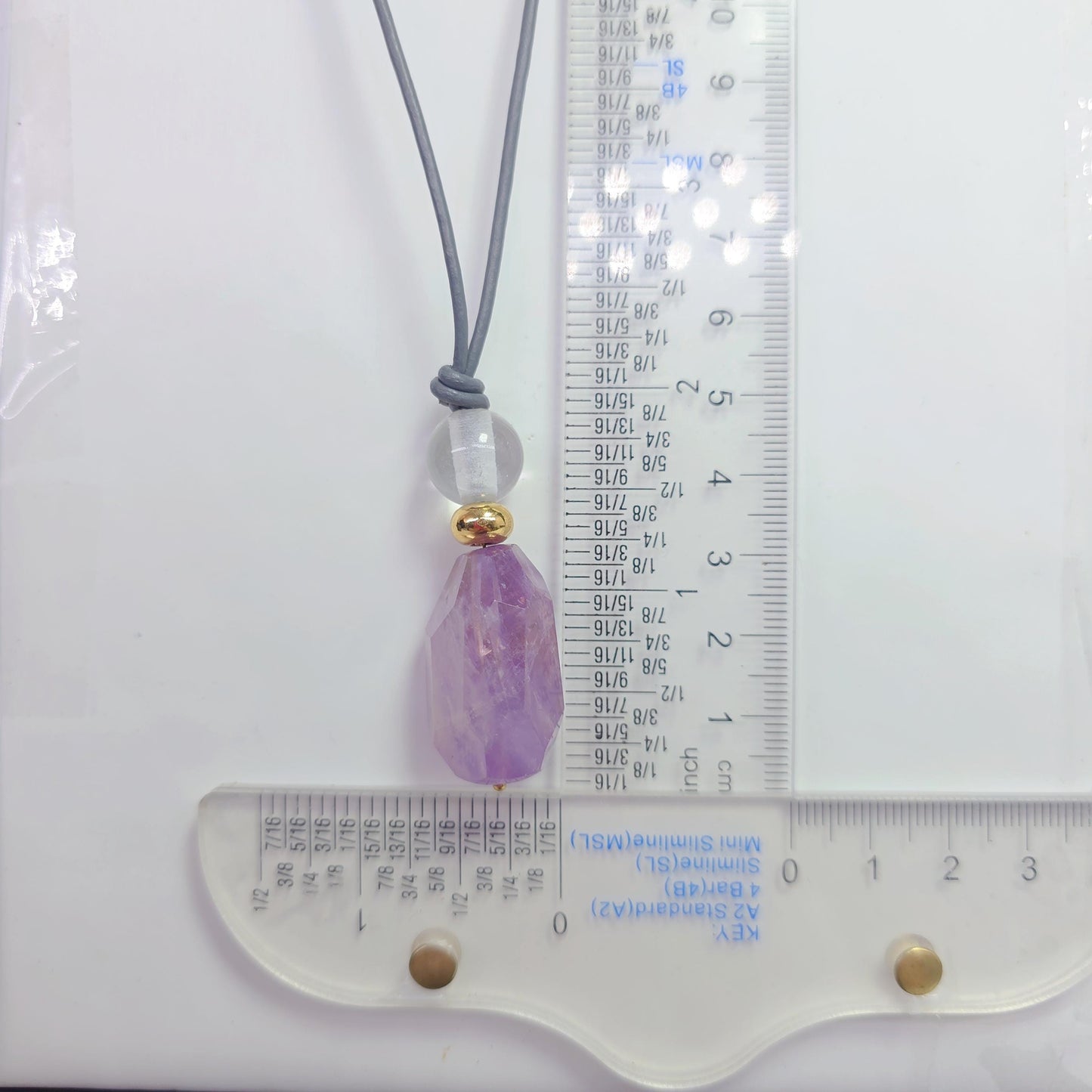 Geometric Amethyst Pendant Necklace, Natural Purple Crystal Clear Quartz Chunky Jewelry for Women, Adjustable Leather Cord #2556