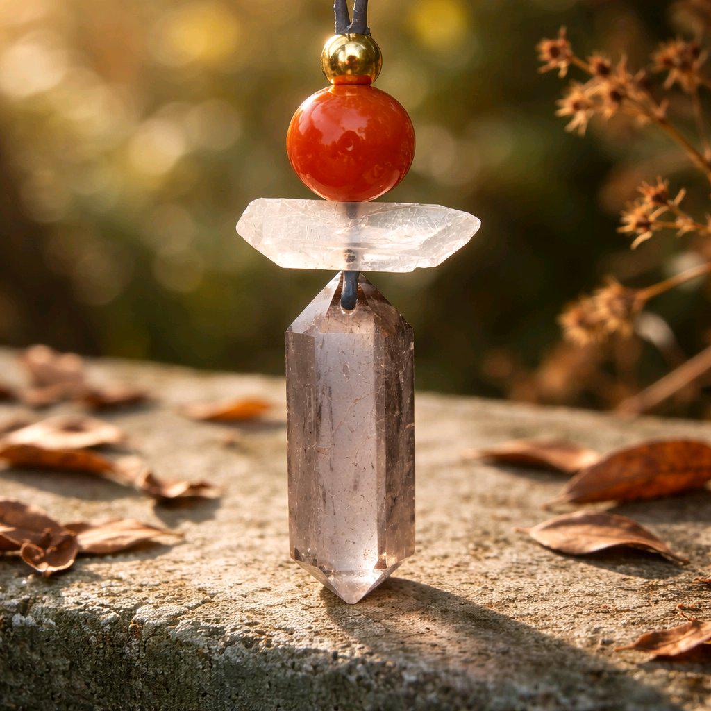 Geometric Smoky Quartz Pendant, Red Carnelian Clear Quartz Chunky Necklace, Healing Crystal Jewelry Adjustable Leather Cord up to 30" #2555