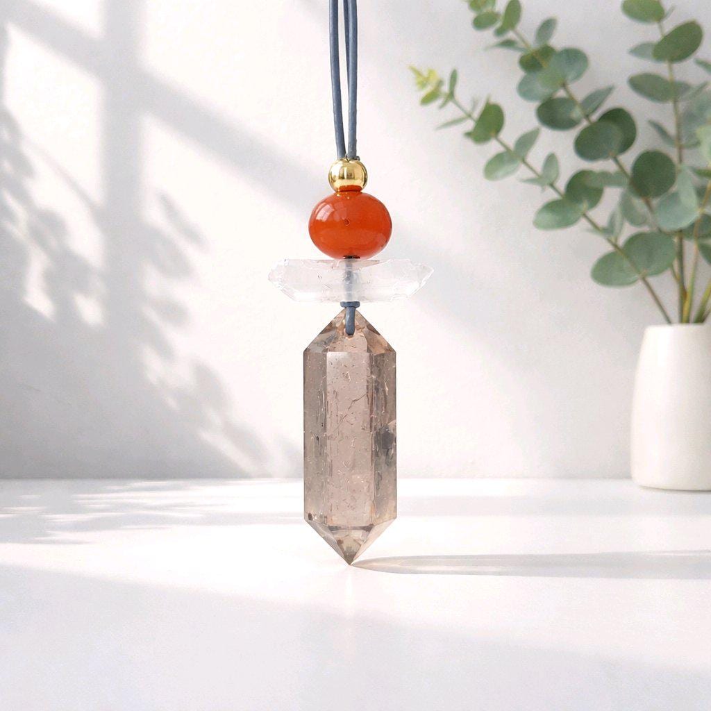 Geometric Smoky Quartz Pendant, Red Carnelian Clear Quartz Chunky Necklace, Healing Crystal Jewelry Adjustable Leather Cord up to 30" #2555