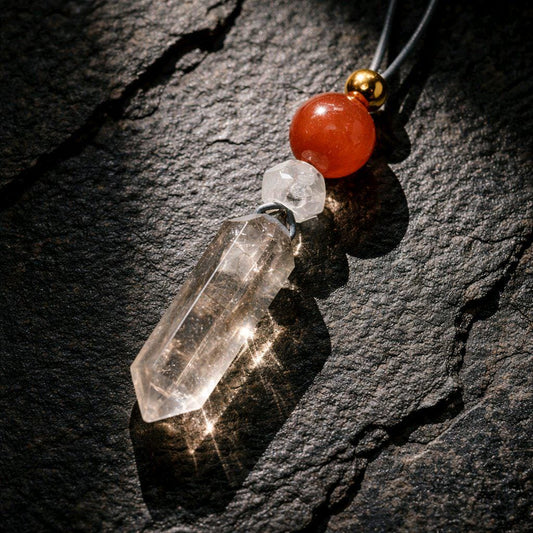 Geometric Smoky Quartz Pendant, Red Carnelian Clear Quartz Chunky Necklace, Healing Crystal Jewelry Adjustable Leather Cord up to 30" #2555