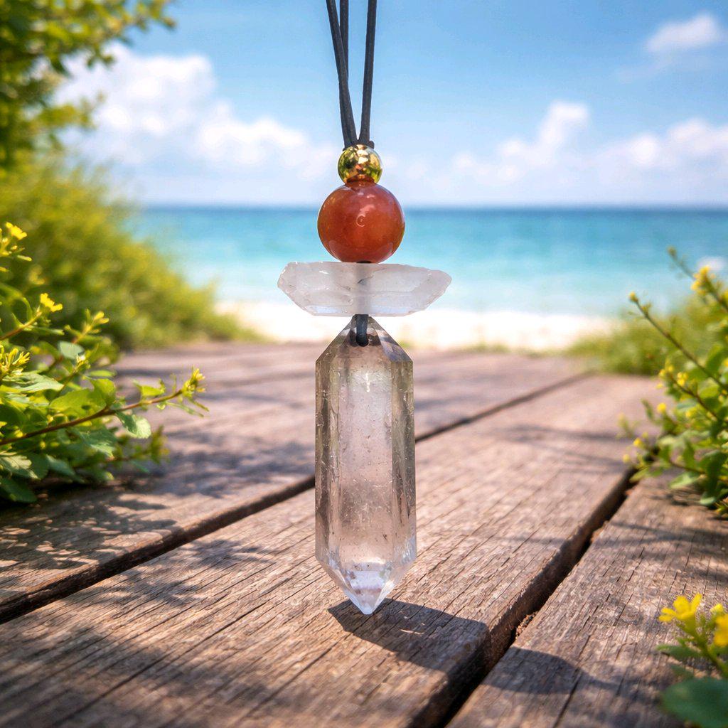 Geometric Smoky Quartz Pendant, Red Carnelian Clear Quartz Chunky Necklace, Healing Crystal Jewelry Adjustable Leather Cord up to 30" #2555