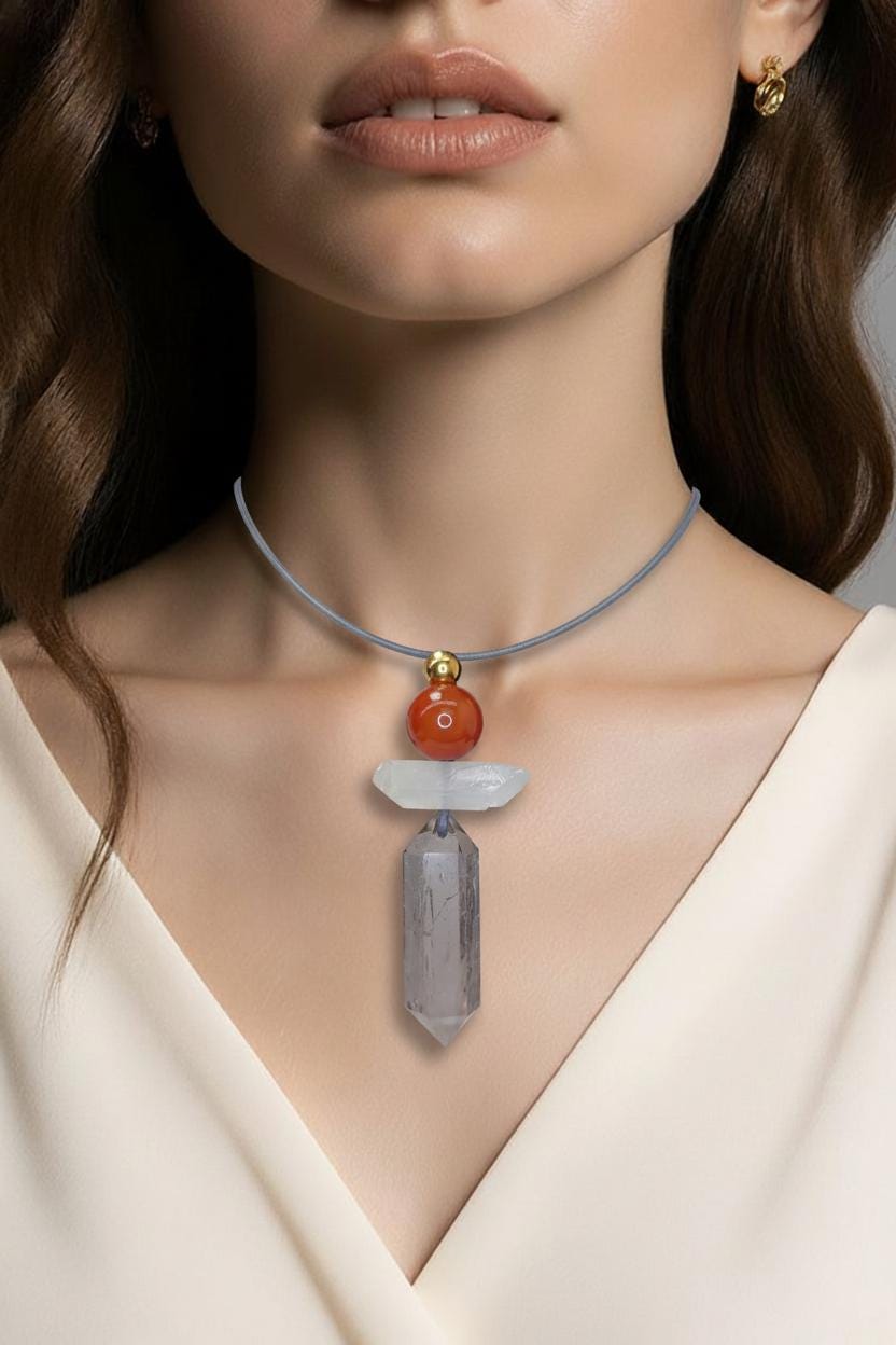 Geometric Smoky Quartz Pendant, Red Carnelian Clear Quartz Chunky Necklace, Healing Crystal Jewelry Adjustable Leather Cord up to 30" #2555
