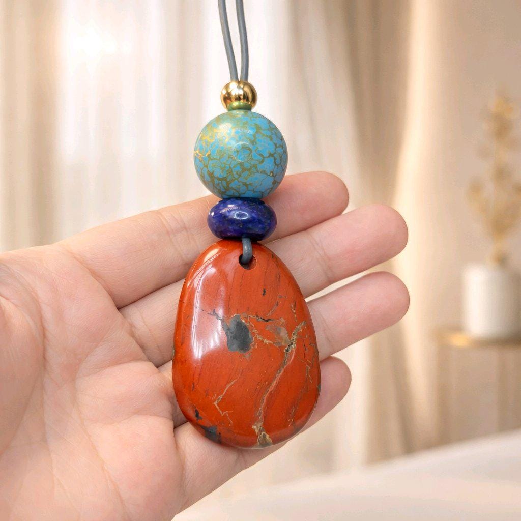 Red Jasper Turquoise Lapis Lazuli Pendant Necklace, Geometric Natural Gemstone Chunky Jewelry, Adjustable Leather Cord up to 30 inches #2544