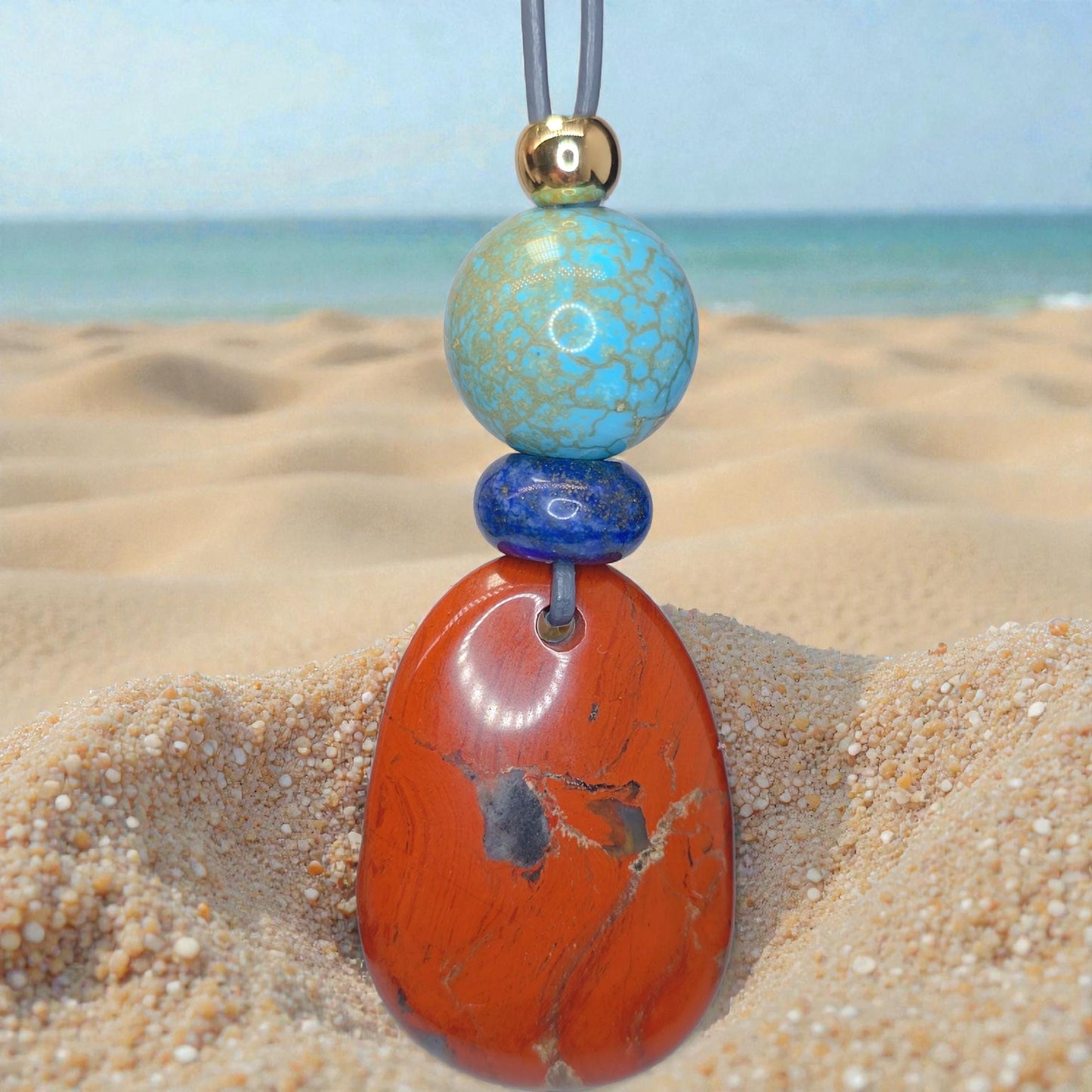 Red Jasper Turquoise Lapis Lazuli Pendant Necklace, Geometric Natural Gemstone Chunky Jewelry, Adjustable Leather Cord up to 30 inches #2544