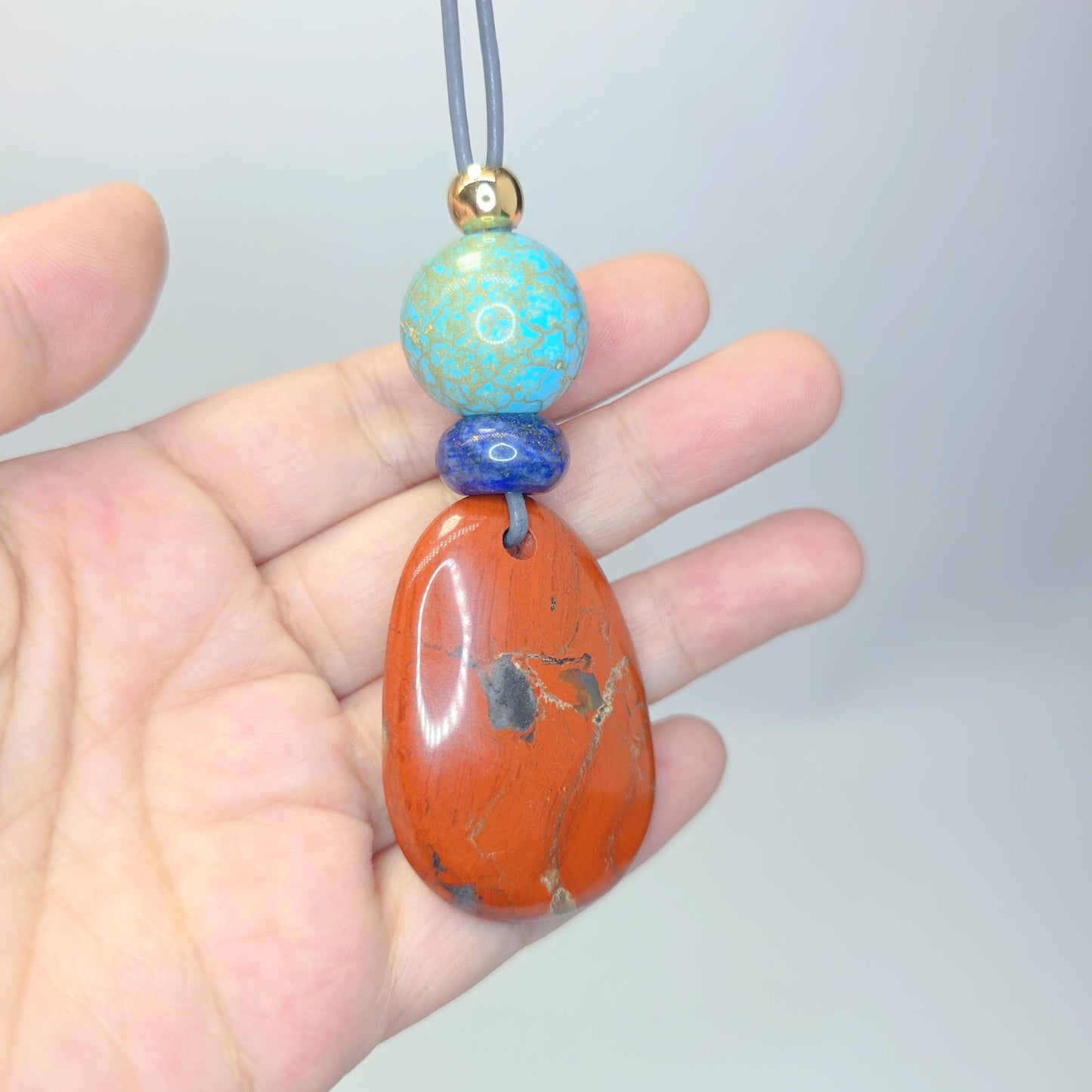 Red Jasper Turquoise Lapis Lazuli Pendant Necklace, Geometric Natural Gemstone Chunky Jewelry, Adjustable Leather Cord up to 30 inches #2544