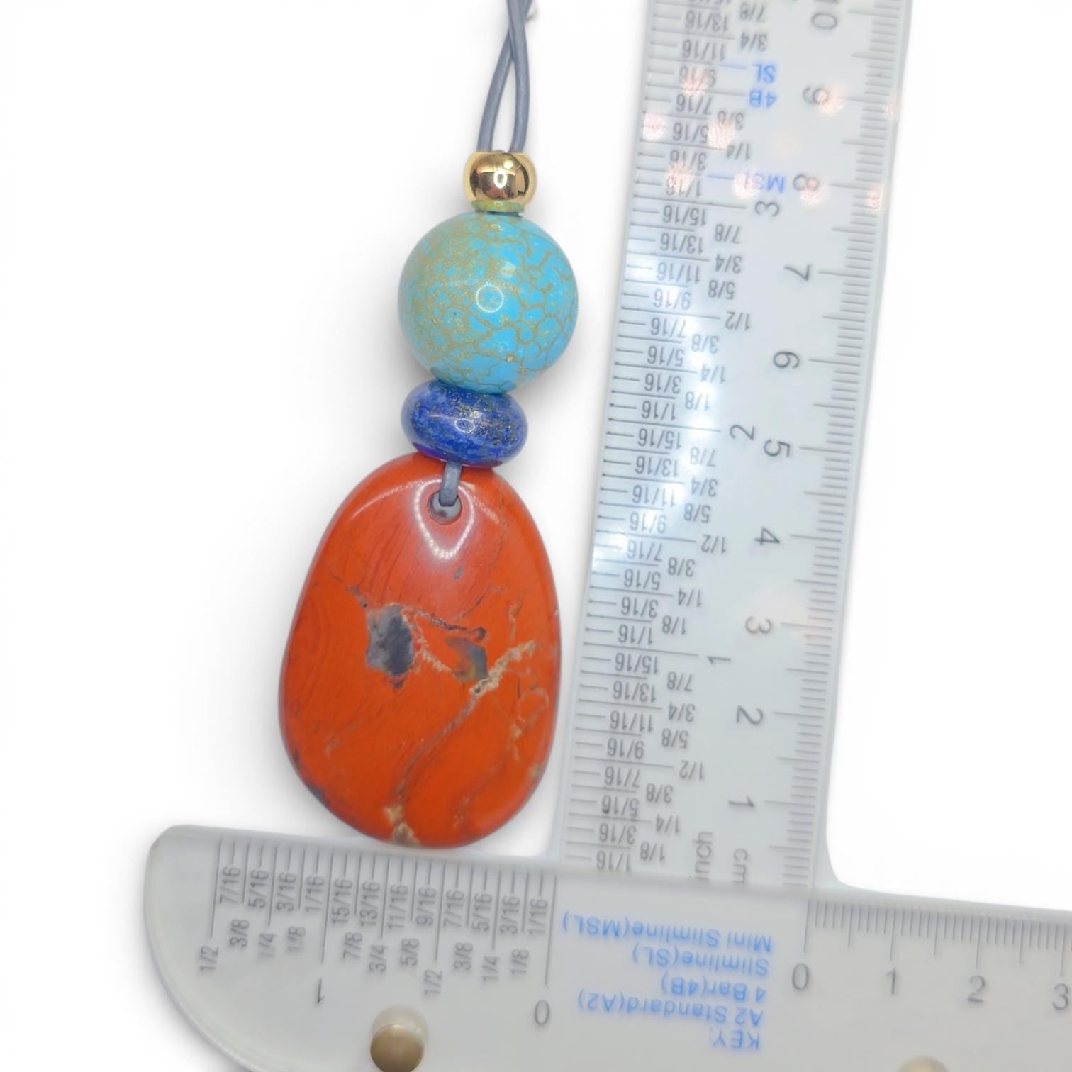 Red Jasper Turquoise Lapis Lazuli Pendant Necklace, Geometric Natural Gemstone Chunky Jewelry, Adjustable Leather Cord up to 30 inches #2544