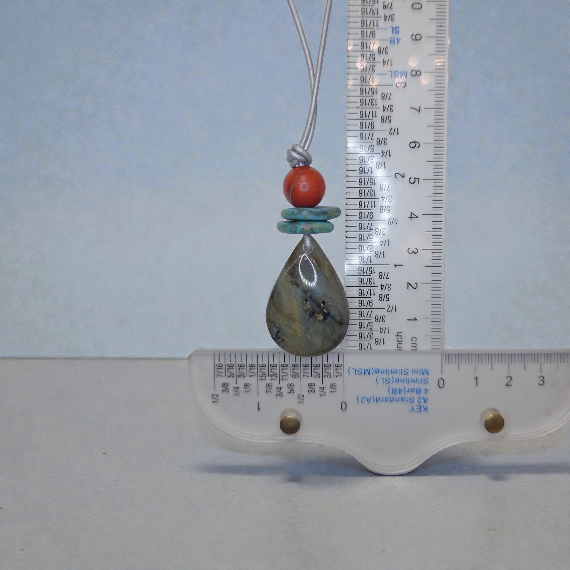 Labradorite Necklace Turquoise Red Jasper Pendant , Geometric Natural Gemstone Chunky Jewelry, Adjustable Leather Cord up to 30 inches #2543