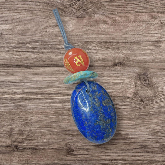 Lapis Lazuli Mantra Pendant Necklace, Geometric Turquoise Red Carnelian Chunky Jewelry, Adjustable Leather Cord up to 24 inches #2542
