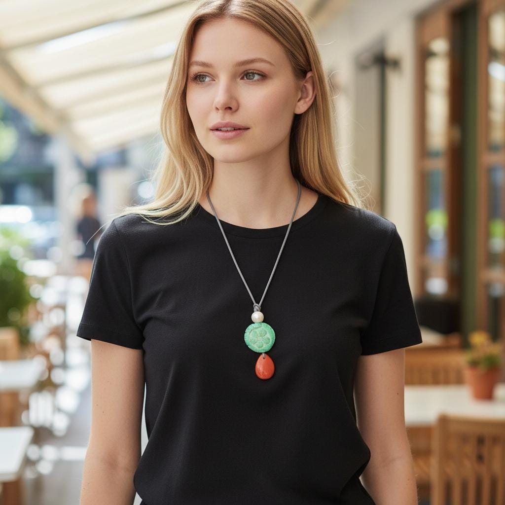 Flower of Life Geometric Carved Turquoise & Red Jasper Chunky Pendant Necklace, Boho Statement Jewelry with Adjustable Leather Cord 30"