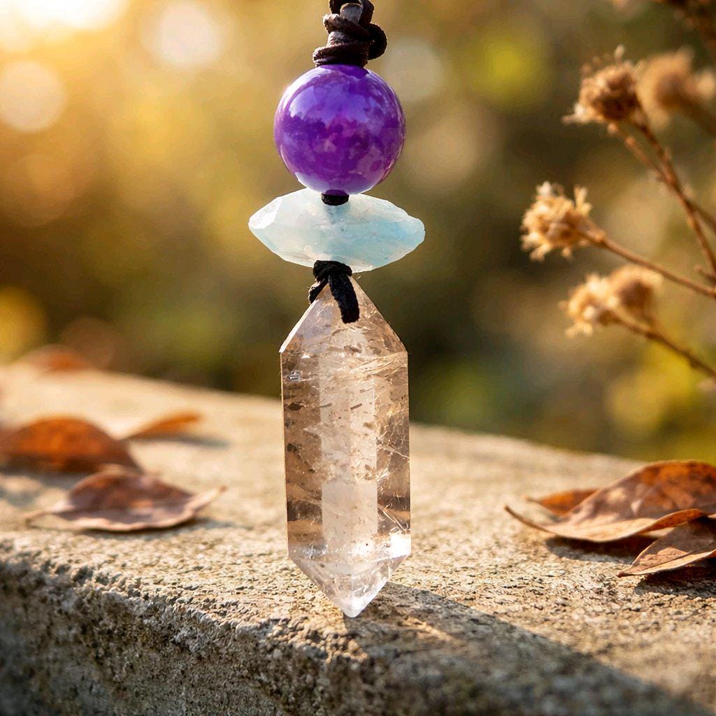 Natural Smoky Quartz Crystal Point & Amethyst Geometric Necklace, Blue Aura Quartz Chunky Pendant with Adjustable Leather Cord