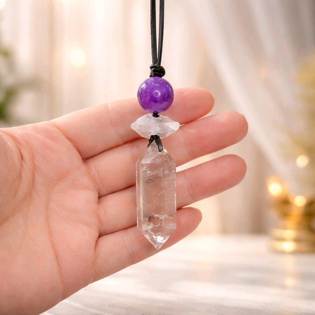 Natural Smoky Quartz Crystal Point & Amethyst Geometric Necklace, Blue Aura Quartz Chunky Pendant with Adjustable Leather Cord