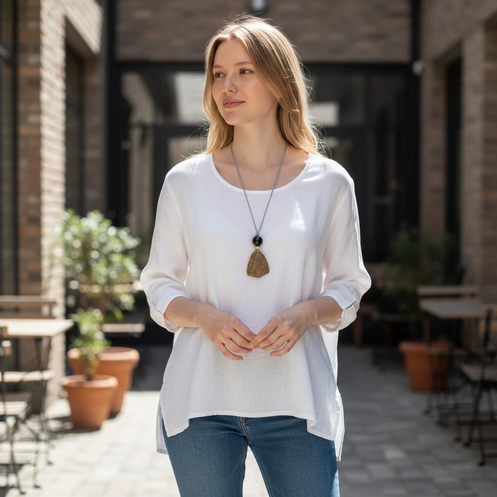 Natural Unakite Black Onyx Geometric Statement Necklace, Green Chunky Pendant Jewelry with Long Adjustable Leather Cord