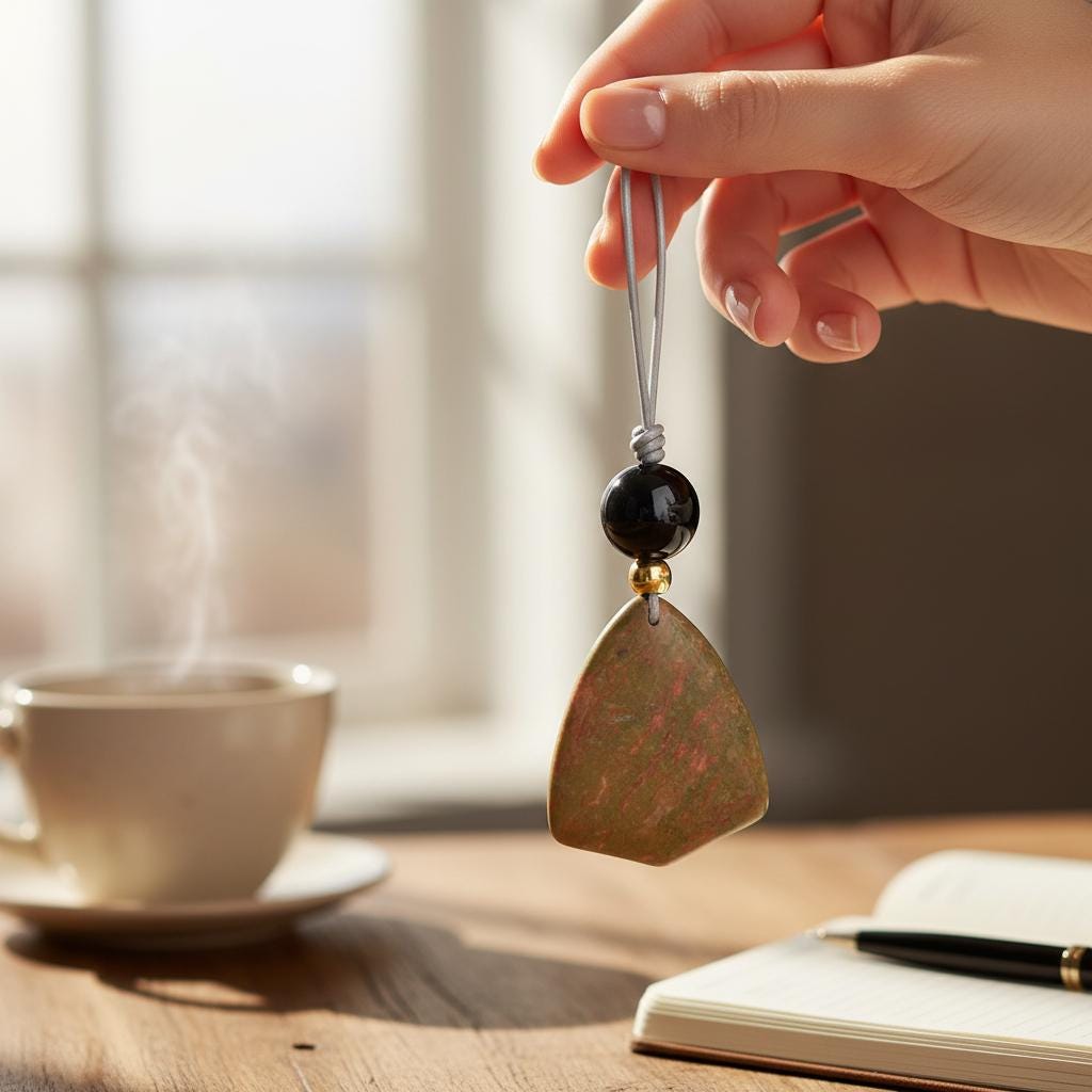 Natural Unakite Black Onyx Geometric Statement Necklace, Green Chunky Pendant Jewelry with Long Adjustable Leather Cord