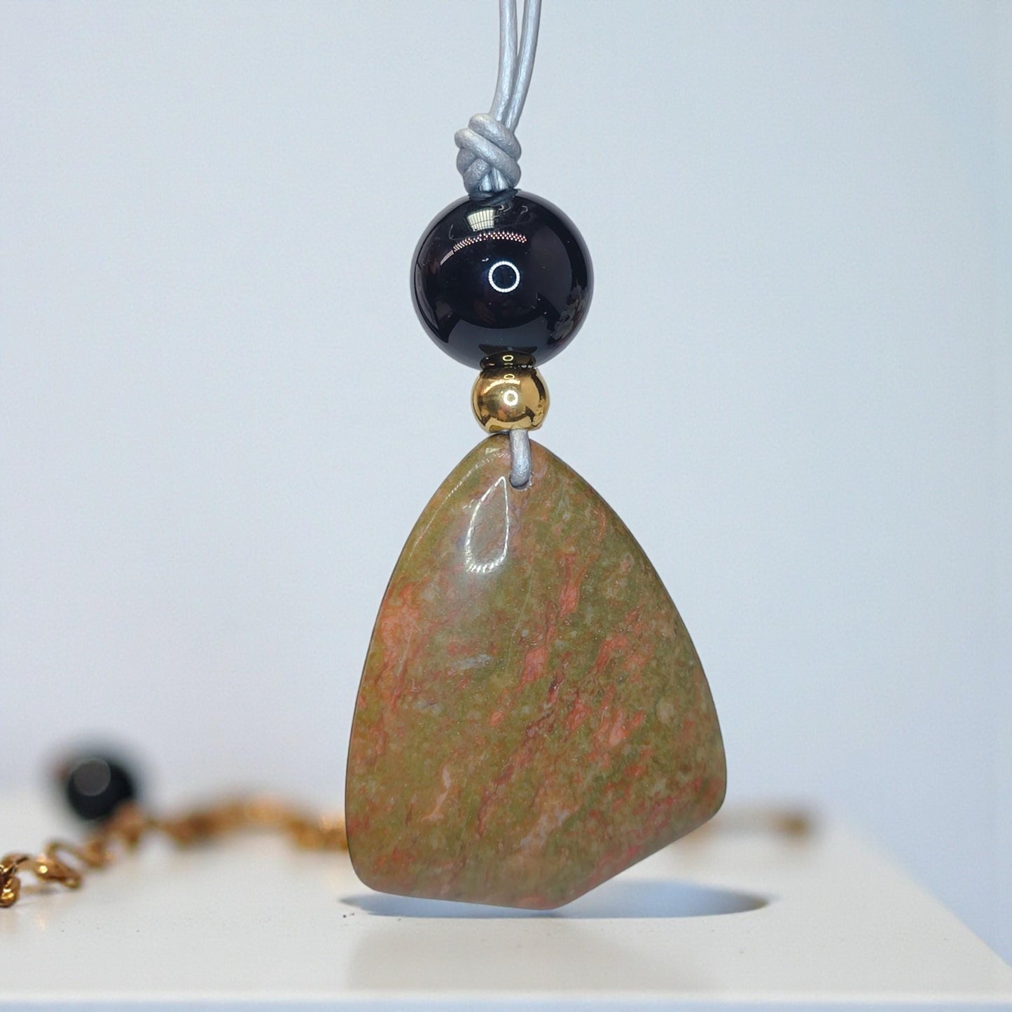 Natural Unakite Black Onyx Geometric Statement Necklace, Green Chunky Pendant Jewelry with Long Adjustable Leather Cord