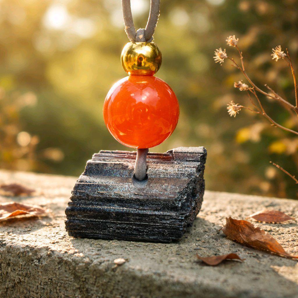 Raw Black Tourmaline Red Carnelian Necklace, Chunky Geometric Protective Stone Jewelry, Zen Boho Amulet, adjustable leather cord