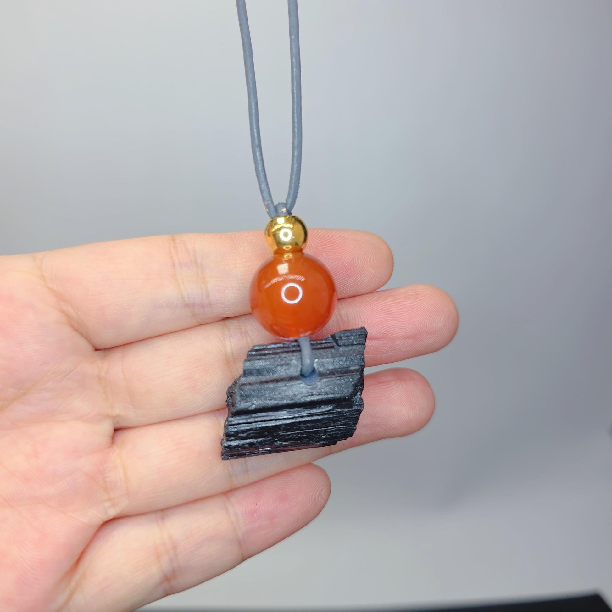Raw Black Tourmaline Red Carnelian Necklace, Chunky Geometric Protective Stone Jewelry, Zen Boho Amulet, adjustable leather cord