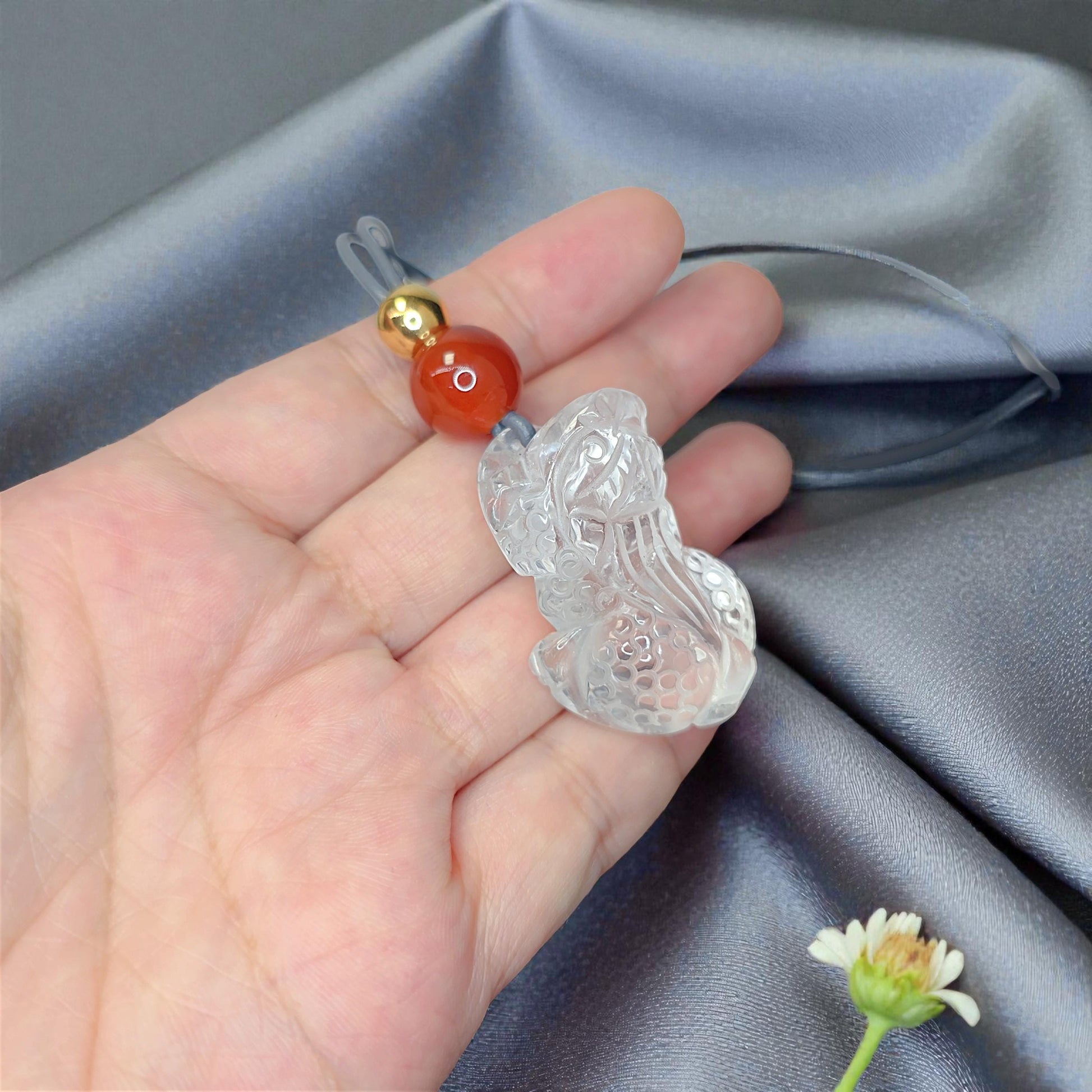 Carved Clear Quartz PiXiu Necklace, Chunky Geometric Brave Troops Amulet, Protection Talisman, adjustable leather cord