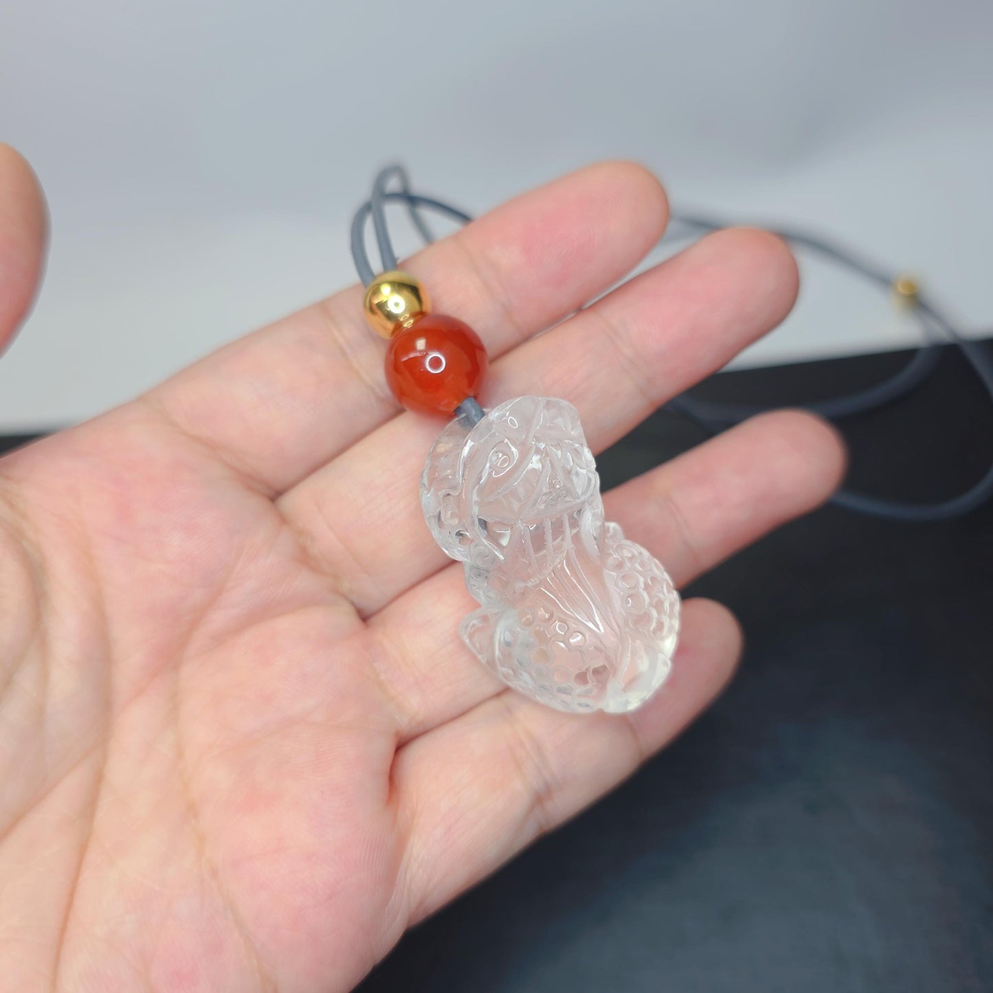 Carved Clear Quartz PiXiu Necklace, Chunky Geometric Brave Troops Amulet, Protection Talisman, adjustable leather cord