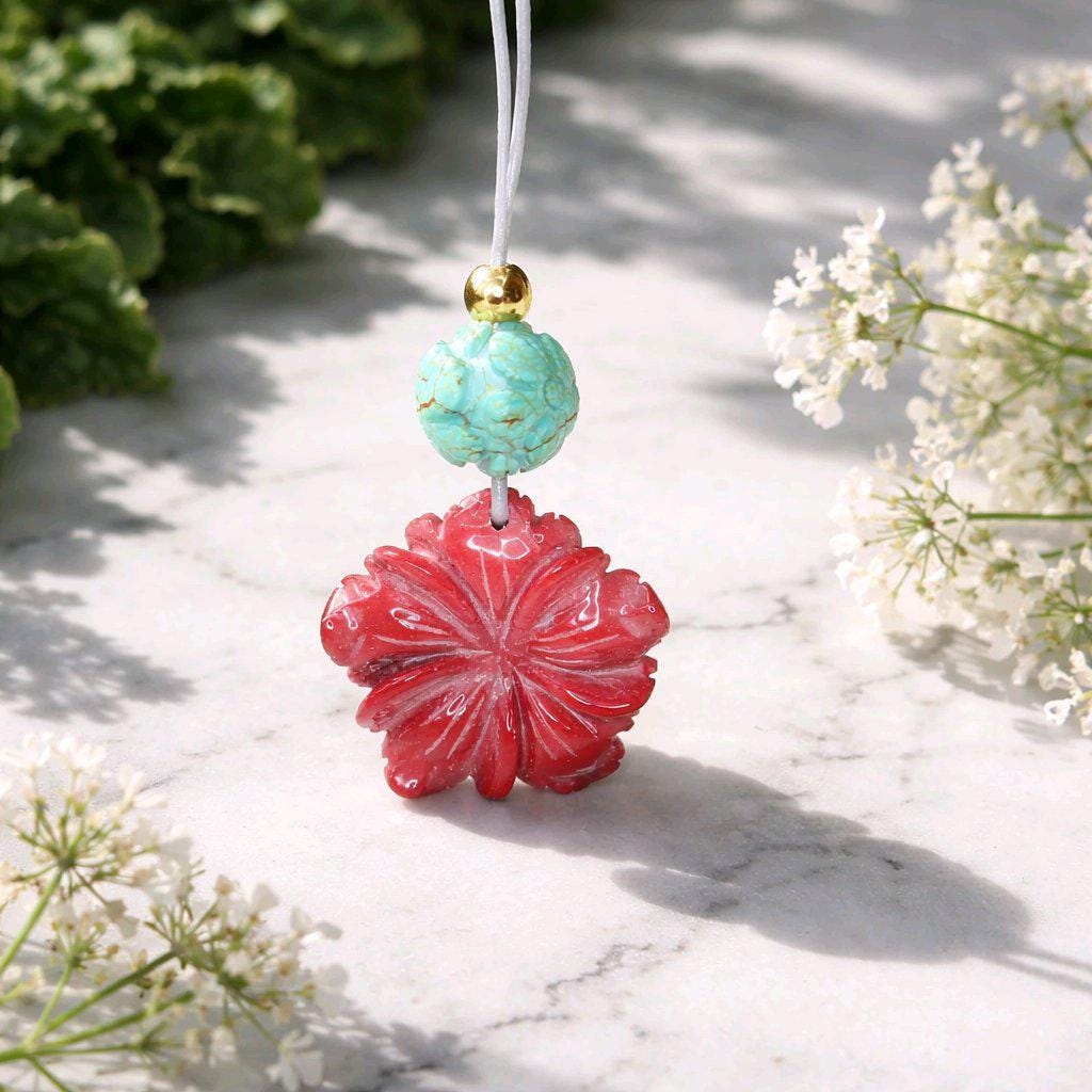 Red Jasper Carved Flower Necklace, Chunky Geometric Turquoise Flower of Life Zen Amulet, Boho Chic Jewelry, adjustable leather cord