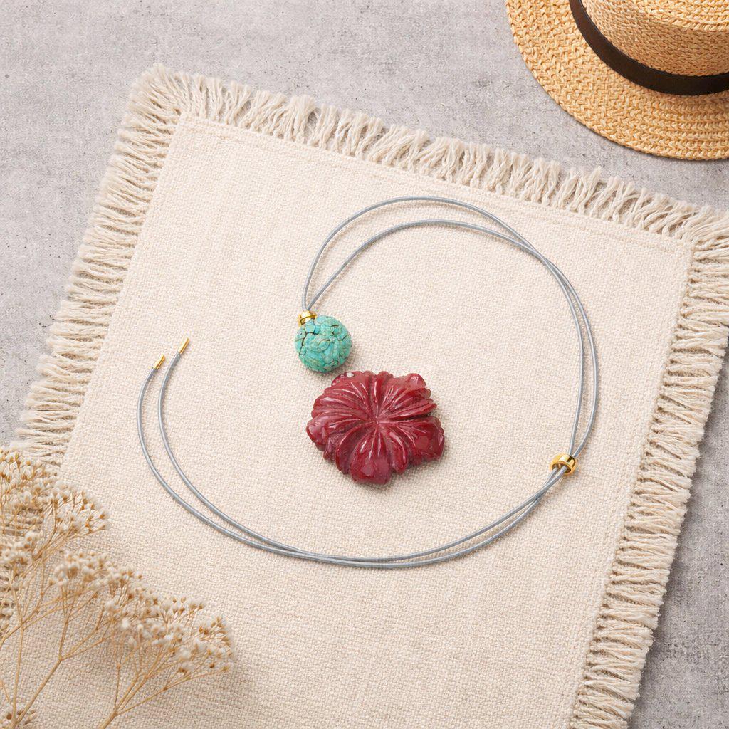 Red Jasper Carved Flower Necklace, Chunky Geometric Turquoise Flower of Life Zen Amulet, Boho Chic Jewelry, adjustable leather cord