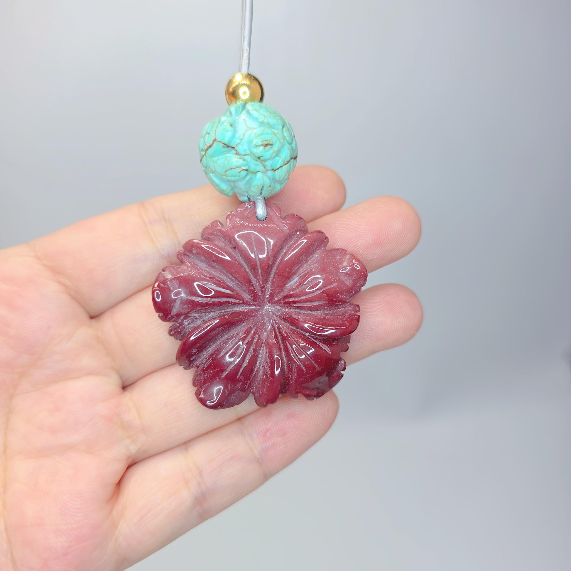 Red Jasper Carved Flower Necklace, Chunky Geometric Turquoise Flower of Life Zen Amulet, Boho Chic Jewelry, adjustable leather cord