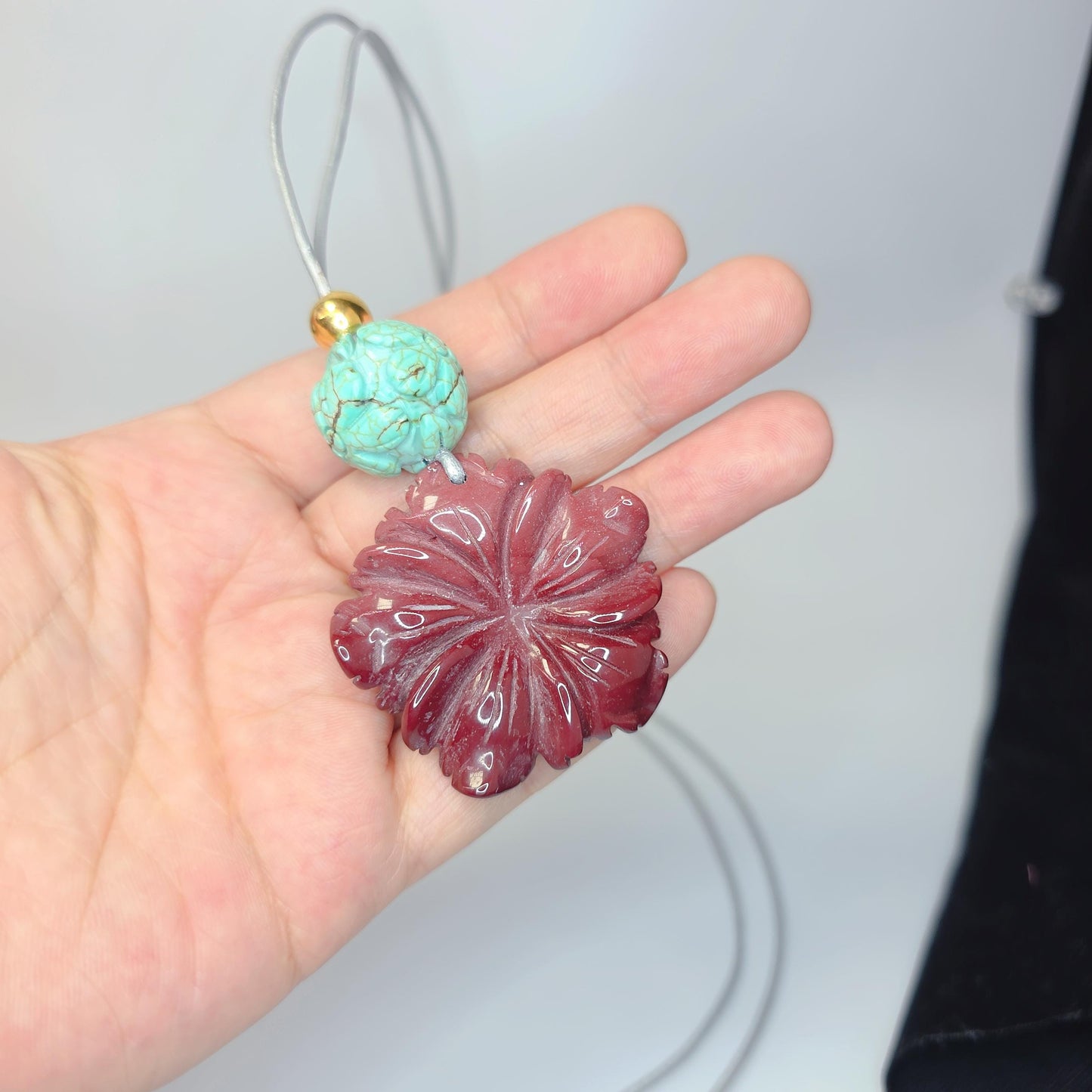 Red Jasper Carved Flower Necklace, Chunky Geometric Turquoise Flower of Life Zen Amulet, Boho Chic Jewelry, adjustable leather cord