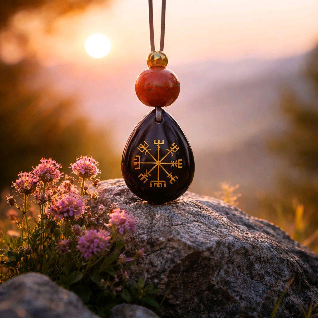 Viking Compass Black Onyx Necklace, Chunky Geometric Vegvisir Wayfinder Amulet, Protection Jewelry, adjustable leather cord