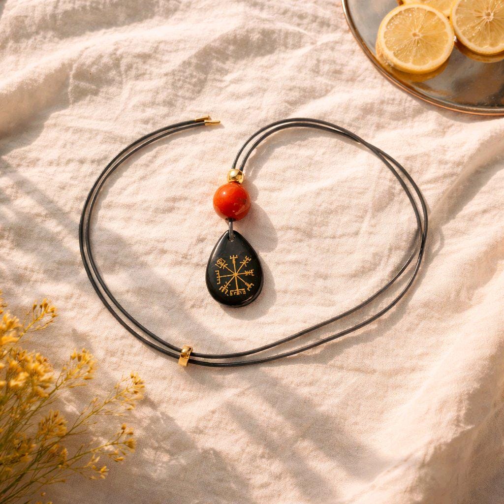 Viking Compass Black Onyx Necklace, Chunky Geometric Vegvisir Wayfinder Amulet, Protection Jewelry, adjustable leather cord