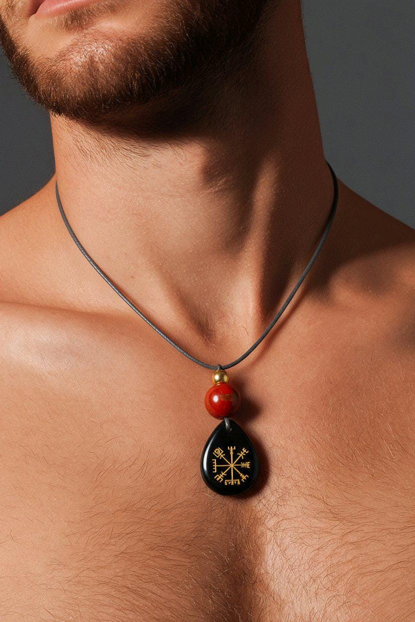 Viking Compass Black Onyx Necklace, Chunky Geometric Vegvisir Wayfinder Amulet, Protection Jewelry, adjustable leather cord