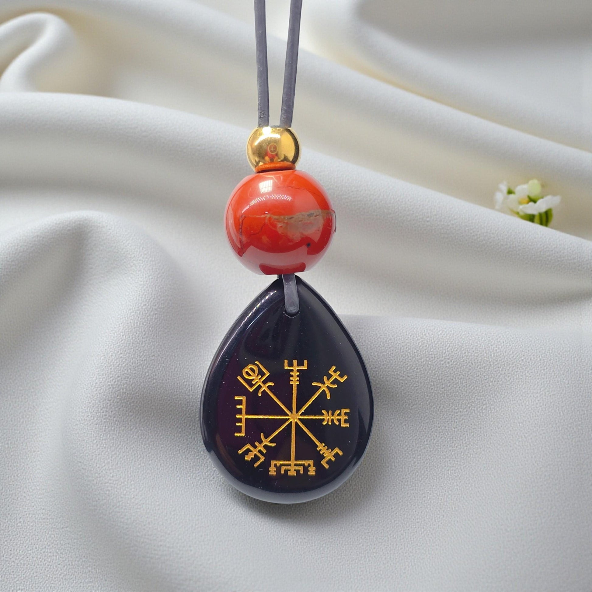 Viking Compass Black Onyx Necklace, Chunky Geometric Vegvisir Wayfinder Amulet, Protection Jewelry, adjustable leather cord