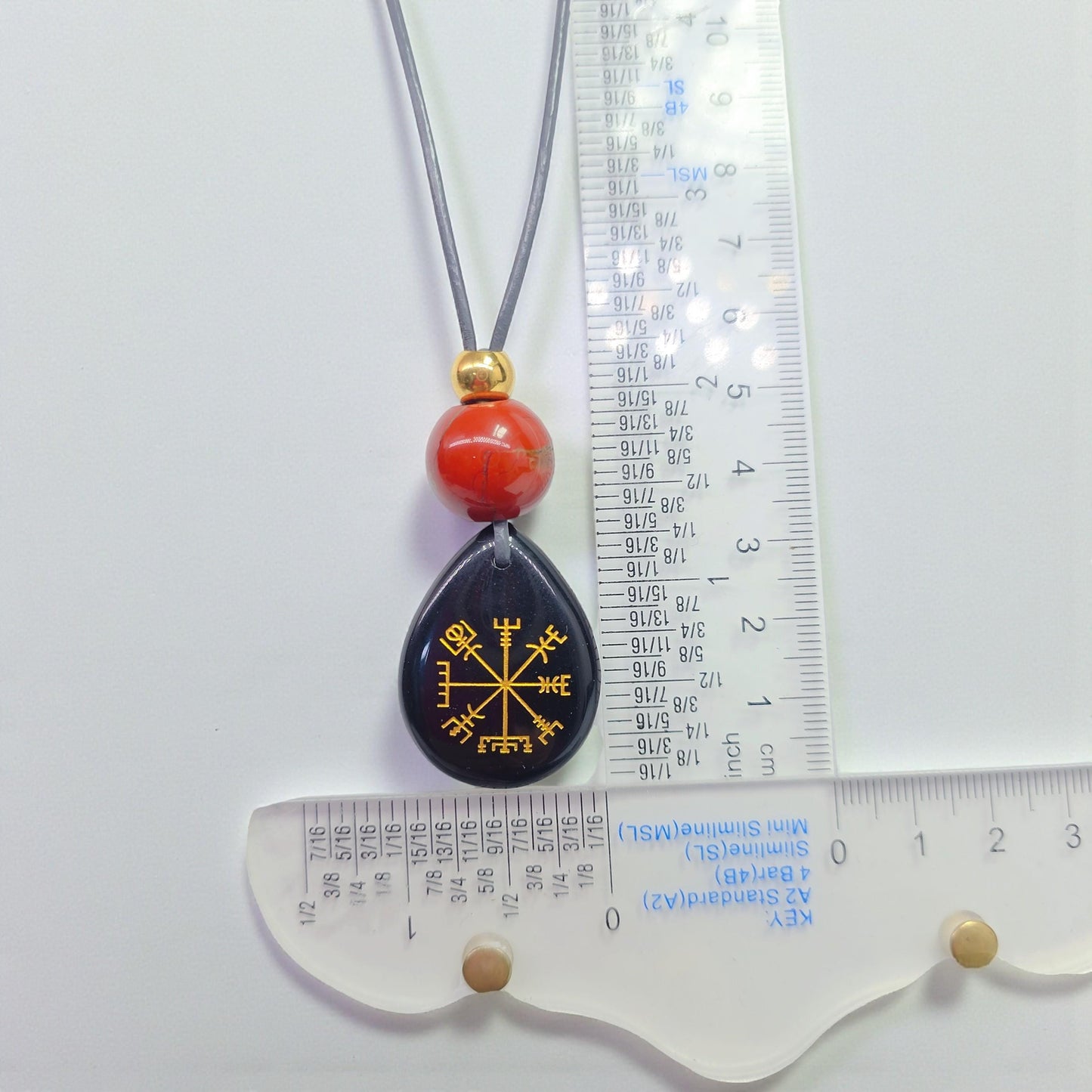 Viking Compass Black Onyx Necklace, Chunky Geometric Vegvisir Wayfinder Amulet, Protection Jewelry, adjustable leather cord