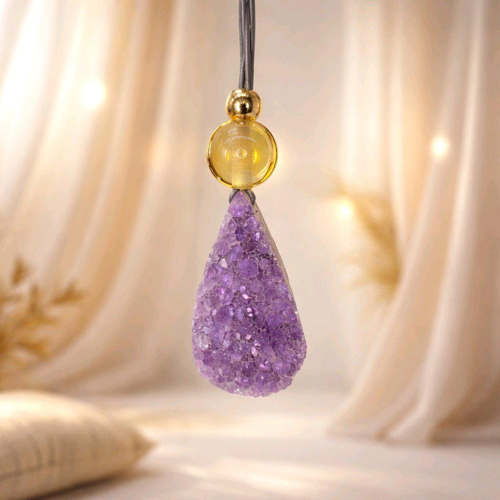 Raw Amethyst Point Citrine Necklace, Chunky Geometric Healing Crystal Amulet, Spiritual Protection Jewelry, adjustable leather cord