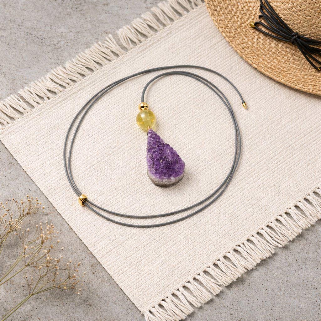 Raw Amethyst Point Citrine Necklace, Chunky Geometric Healing Crystal Amulet, Spiritual Protection Jewelry, adjustable leather cord