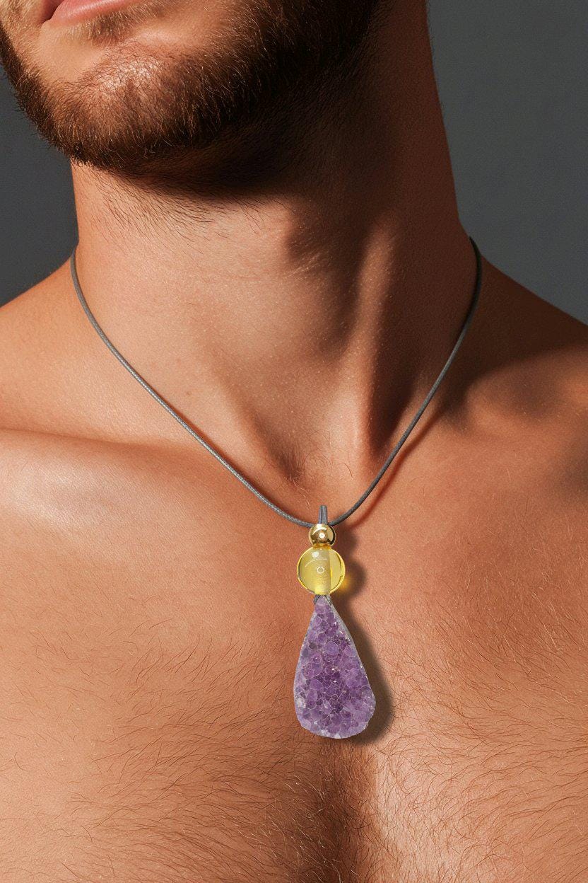 Raw Amethyst Point Citrine Necklace, Chunky Geometric Healing Crystal Amulet, Spiritual Protection Jewelry, adjustable leather cord