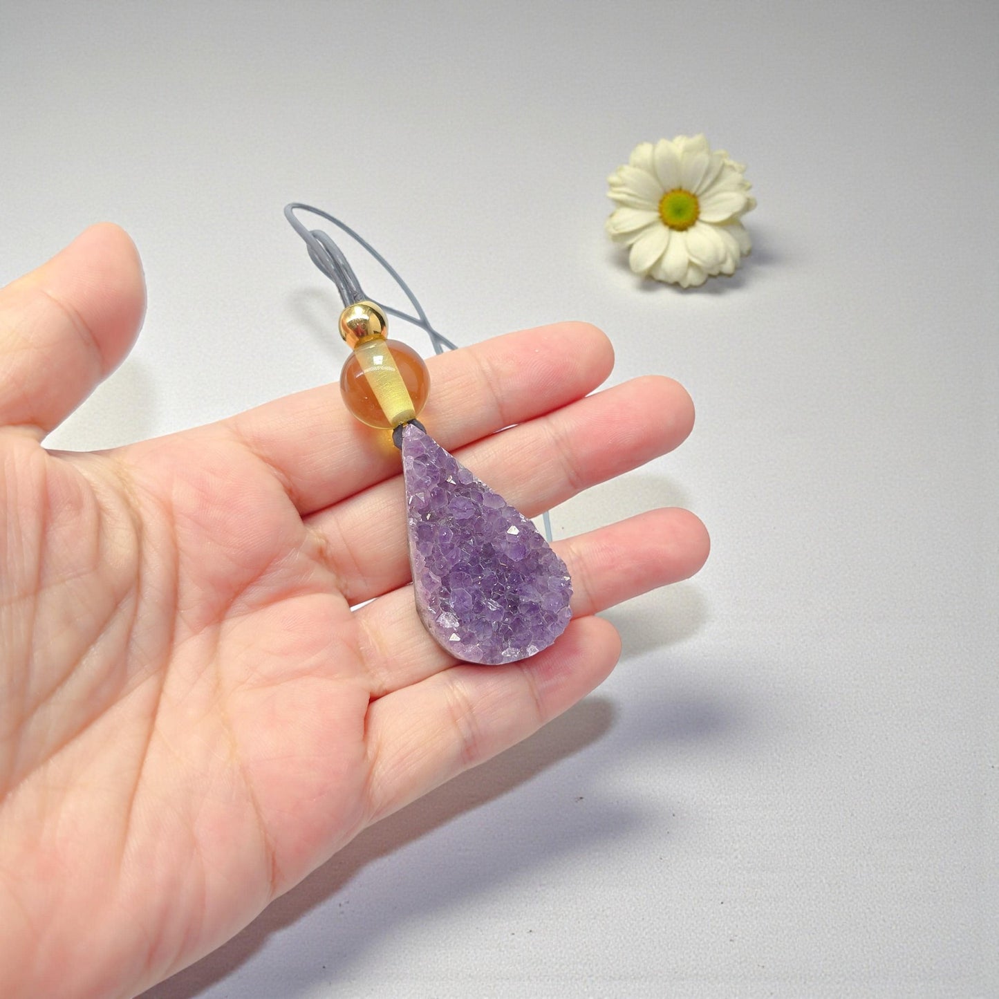 Raw Amethyst Point Citrine Necklace, Chunky Geometric Healing Crystal Amulet, Spiritual Protection Jewelry, adjustable leather cord