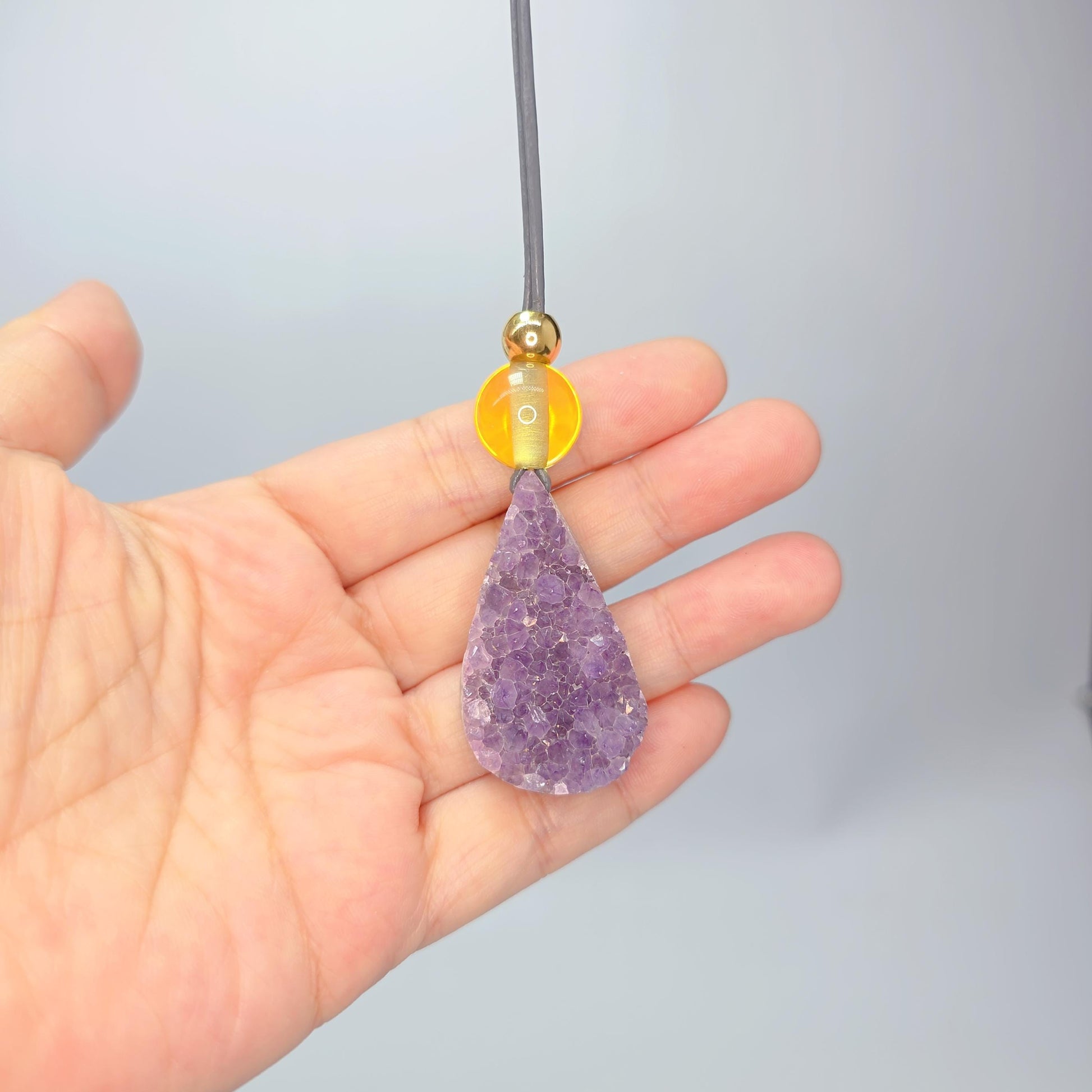 Raw Amethyst Point Citrine Necklace, Chunky Geometric Healing Crystal Amulet, Spiritual Protection Jewelry, adjustable leather cord