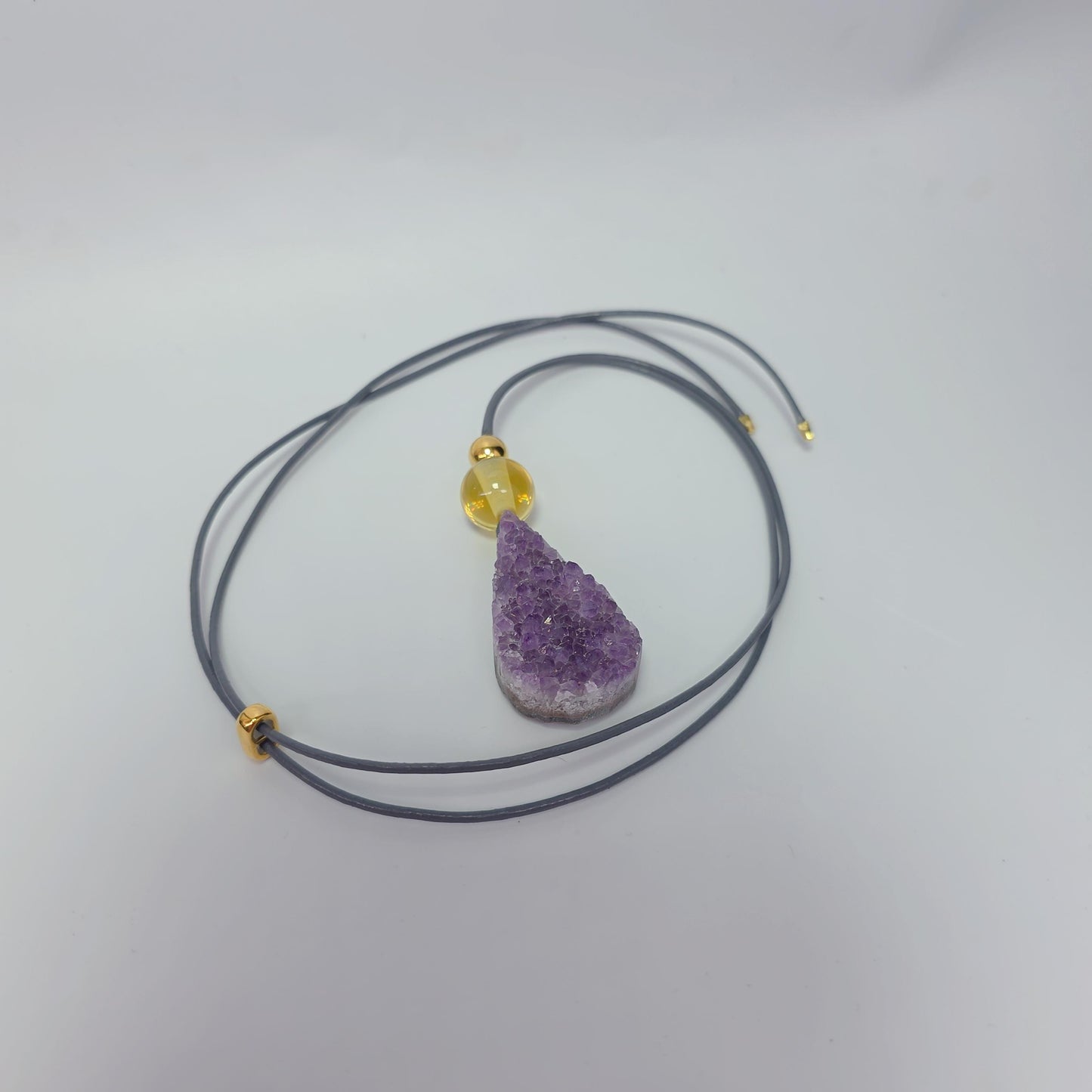 Raw Amethyst Point Citrine Necklace, Chunky Geometric Healing Crystal Amulet, Spiritual Protection Jewelry, adjustable leather cord