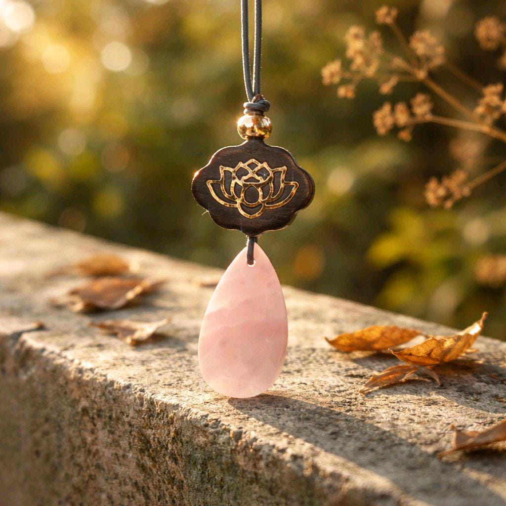 Rose Quartz Necklace Lotus Pendant, Dark Rosewood Natural Pink Crystal Chunky Geometric Jewelry, Gift for Her, Adjustable Leather Cord