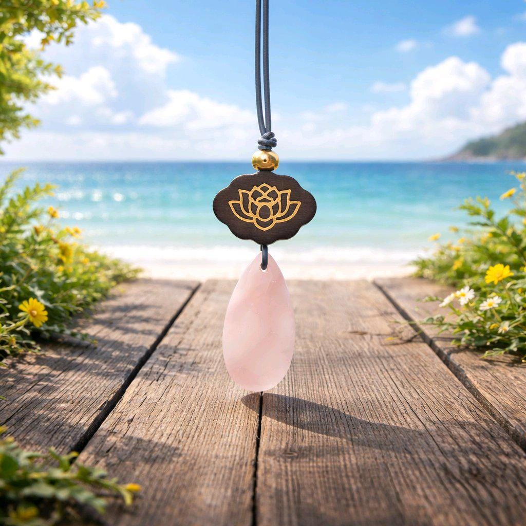 Rose Quartz Necklace Lotus Pendant, Dark Rosewood Natural Pink Crystal Chunky Geometric Jewelry, Gift for Her, Adjustable Leather Cord