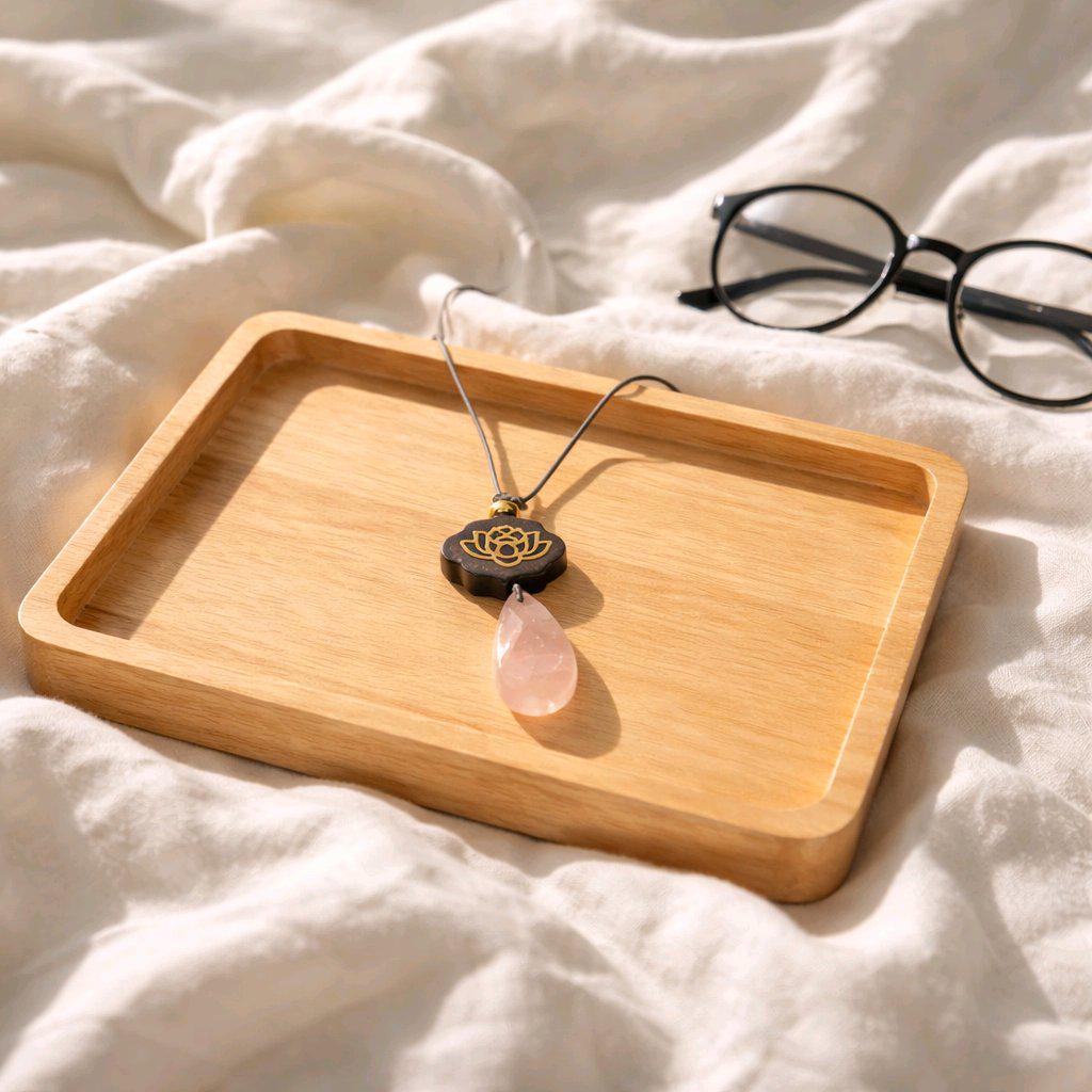 Rose Quartz Necklace Lotus Pendant, Dark Rosewood Natural Pink Crystal Chunky Geometric Jewelry, Gift for Her, Adjustable Leather Cord