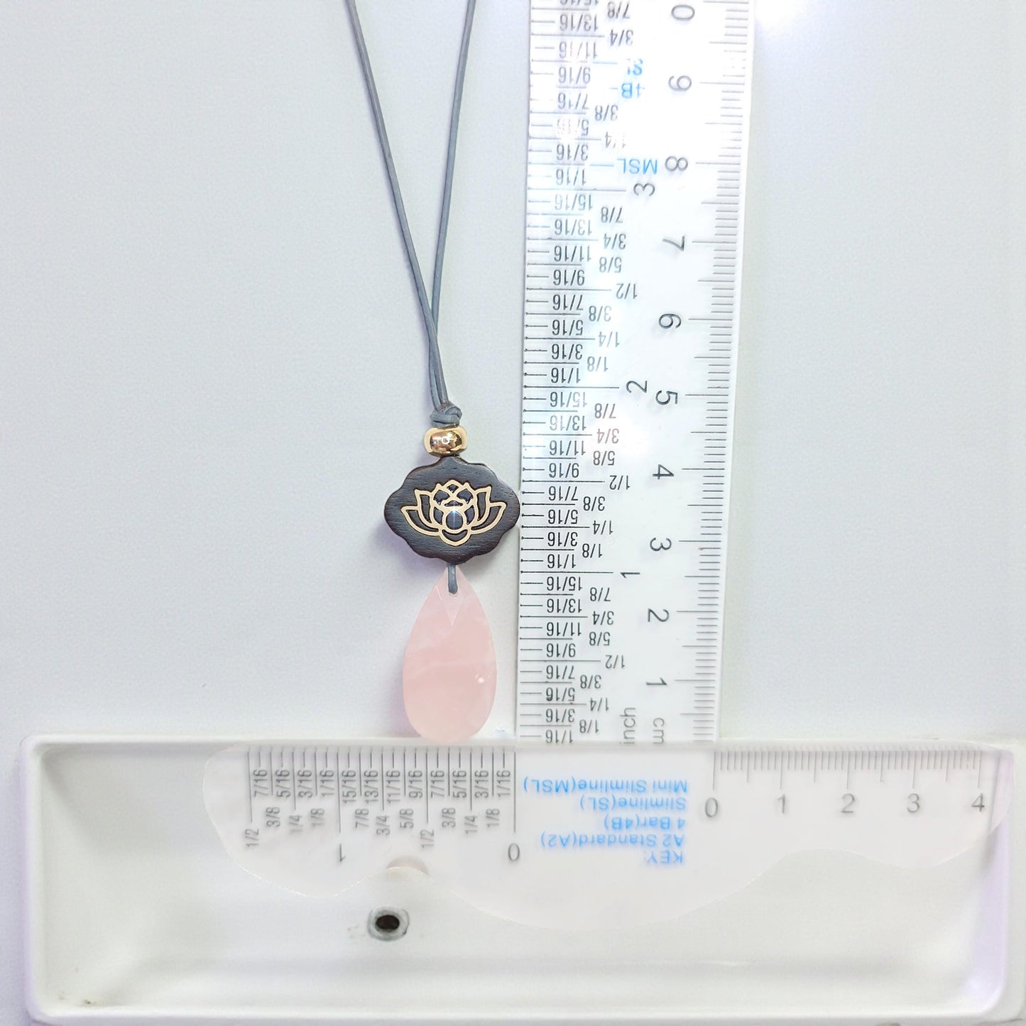 Rose Quartz Necklace Lotus Pendant, Dark Rosewood Natural Pink Crystal Chunky Geometric Jewelry, Gift for Her, Adjustable Leather Cord