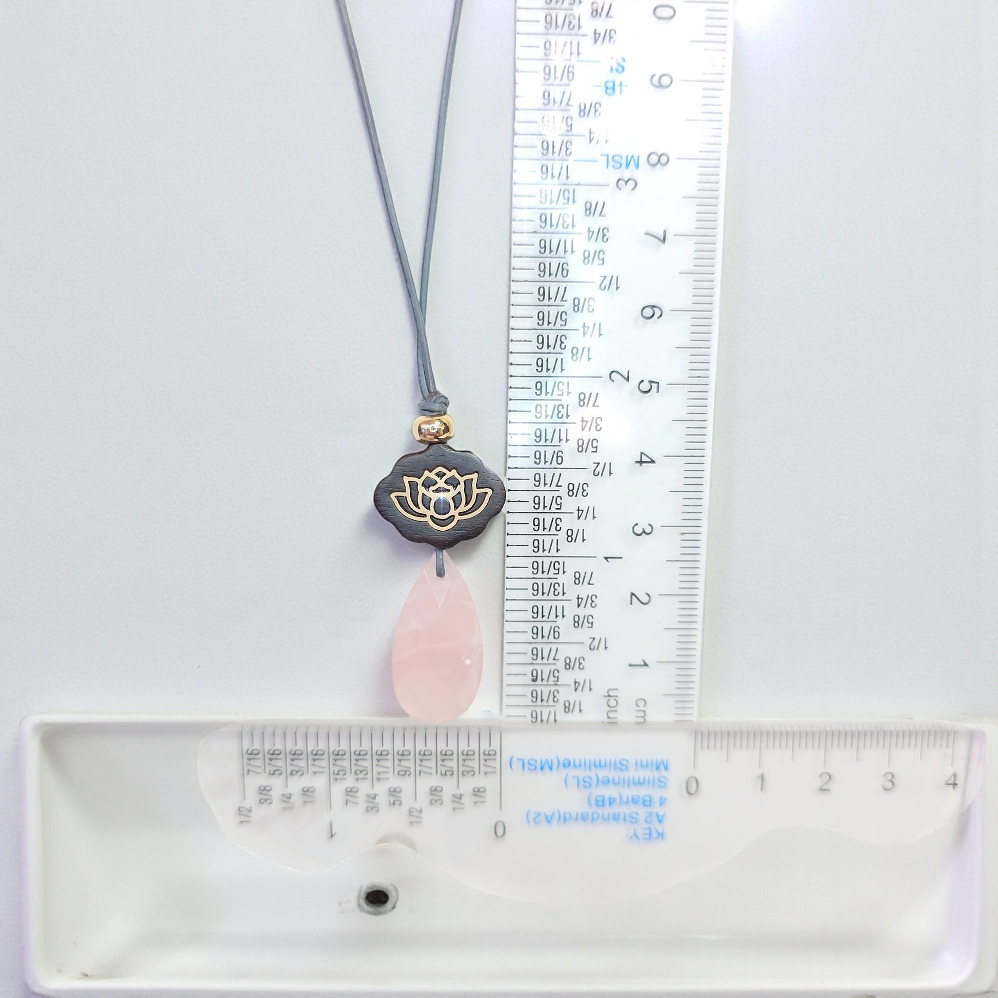 Rose Quartz Necklace Lotus Pendant, Dark Rosewood Natural Pink Crystal Chunky Geometric Jewelry, Gift for Her, Adjustable Leather Cord