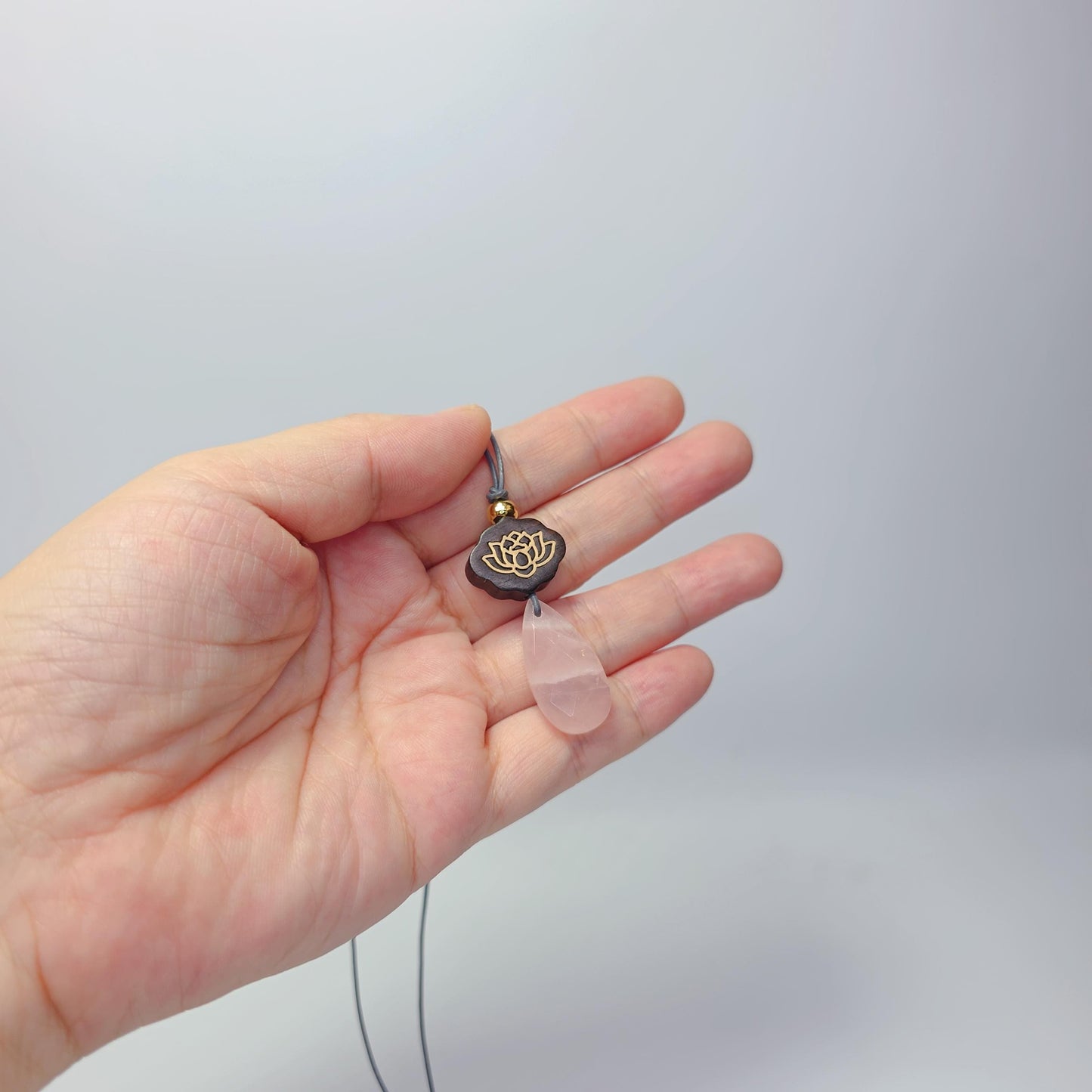 Rose Quartz Necklace Lotus Pendant, Dark Rosewood Natural Pink Crystal Chunky Geometric Jewelry, Gift for Her, Adjustable Leather Cord