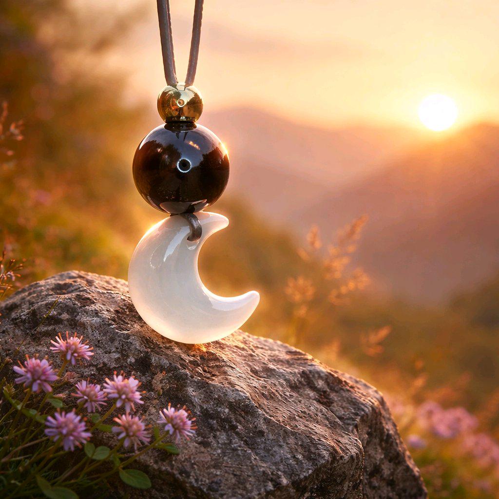 Cat Eye Necklace Moon Pendant, Obsidian Natural Gemstone Chunky Geometric Selenite Jewelry, Gift for Him Her, Adjustable Leather Cord