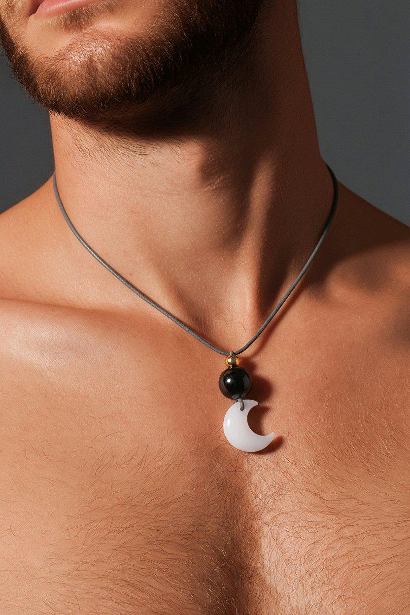 Cat Eye Necklace Moon Pendant, Obsidian Natural Gemstone Chunky Geometric Selenite Jewelry, Gift for Him Her, Adjustable Leather Cord