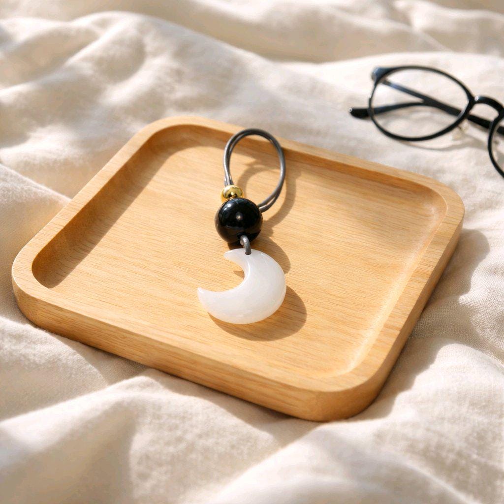 Cat Eye Necklace Moon Pendant, Obsidian Natural Gemstone Chunky Geometric Selenite Jewelry, Gift for Him Her, Adjustable Leather Cord