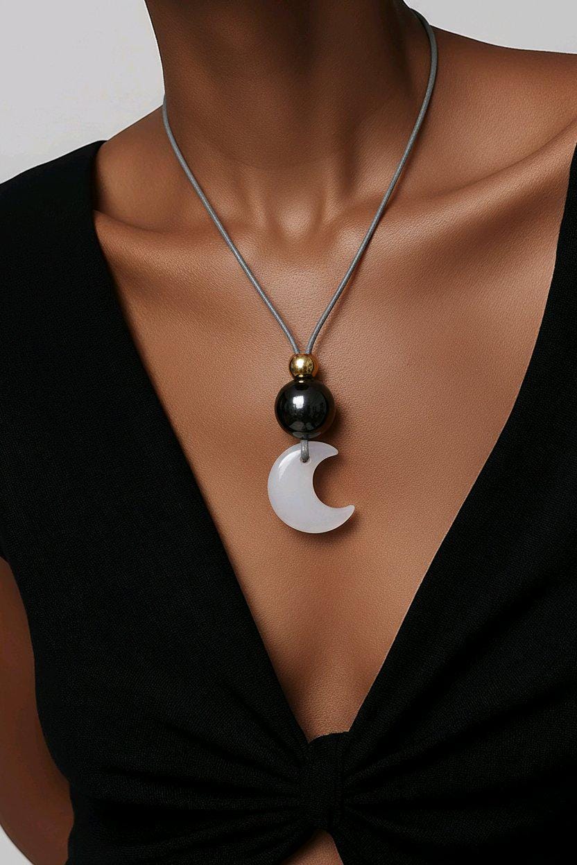 Cat Eye Necklace Moon Pendant, Obsidian Natural Gemstone Chunky Geometric Selenite Jewelry, Gift for Him Her, Adjustable Leather Cord