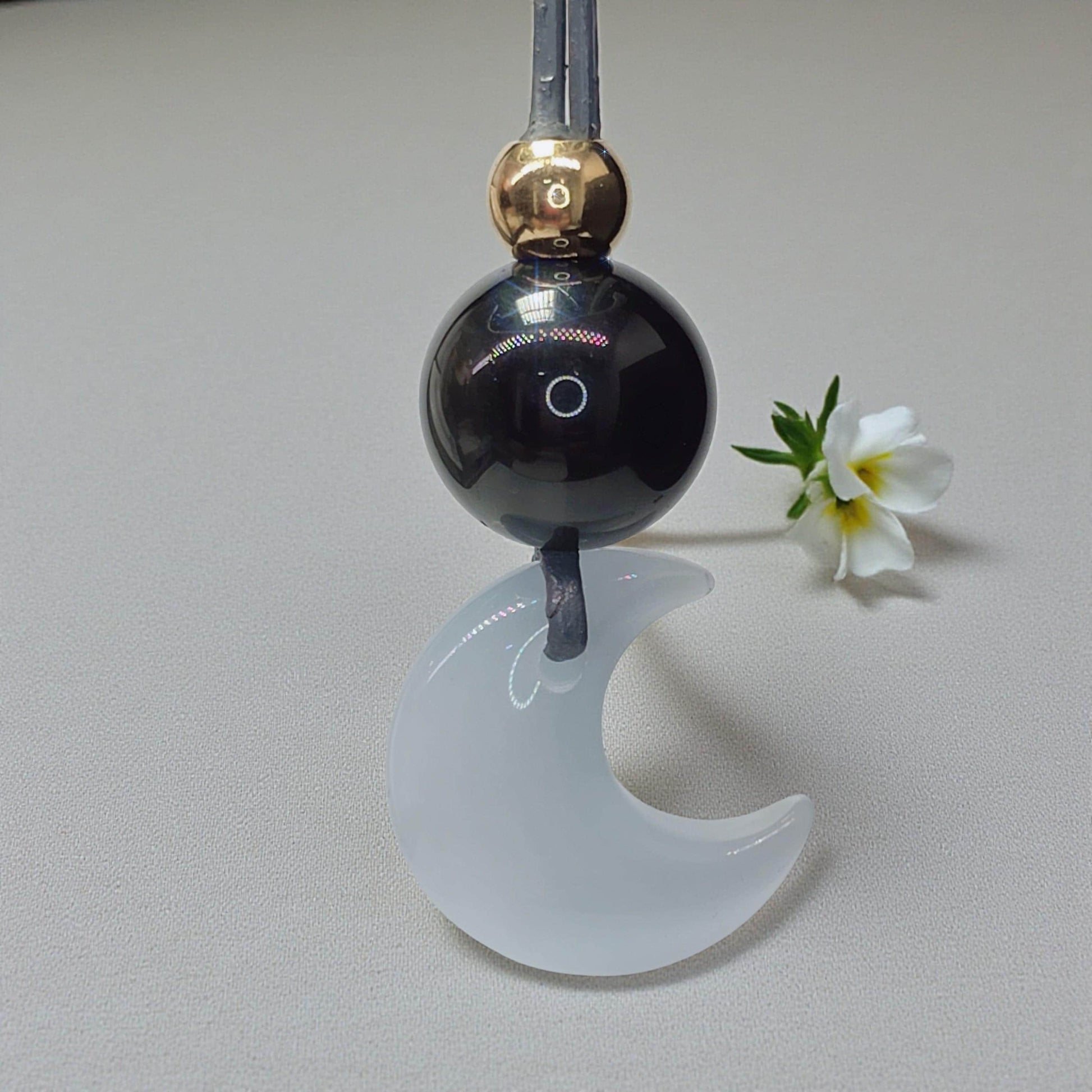 Cat Eye Necklace Moon Pendant, Obsidian Natural Gemstone Chunky Geometric Selenite Jewelry, Gift for Him Her, Adjustable Leather Cord